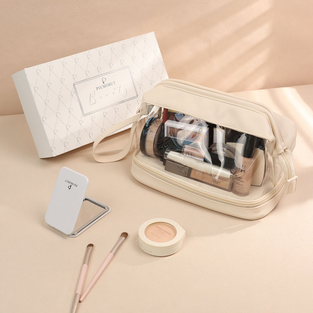 Pocmimut Double Layer Clear Leather Makeup Bag